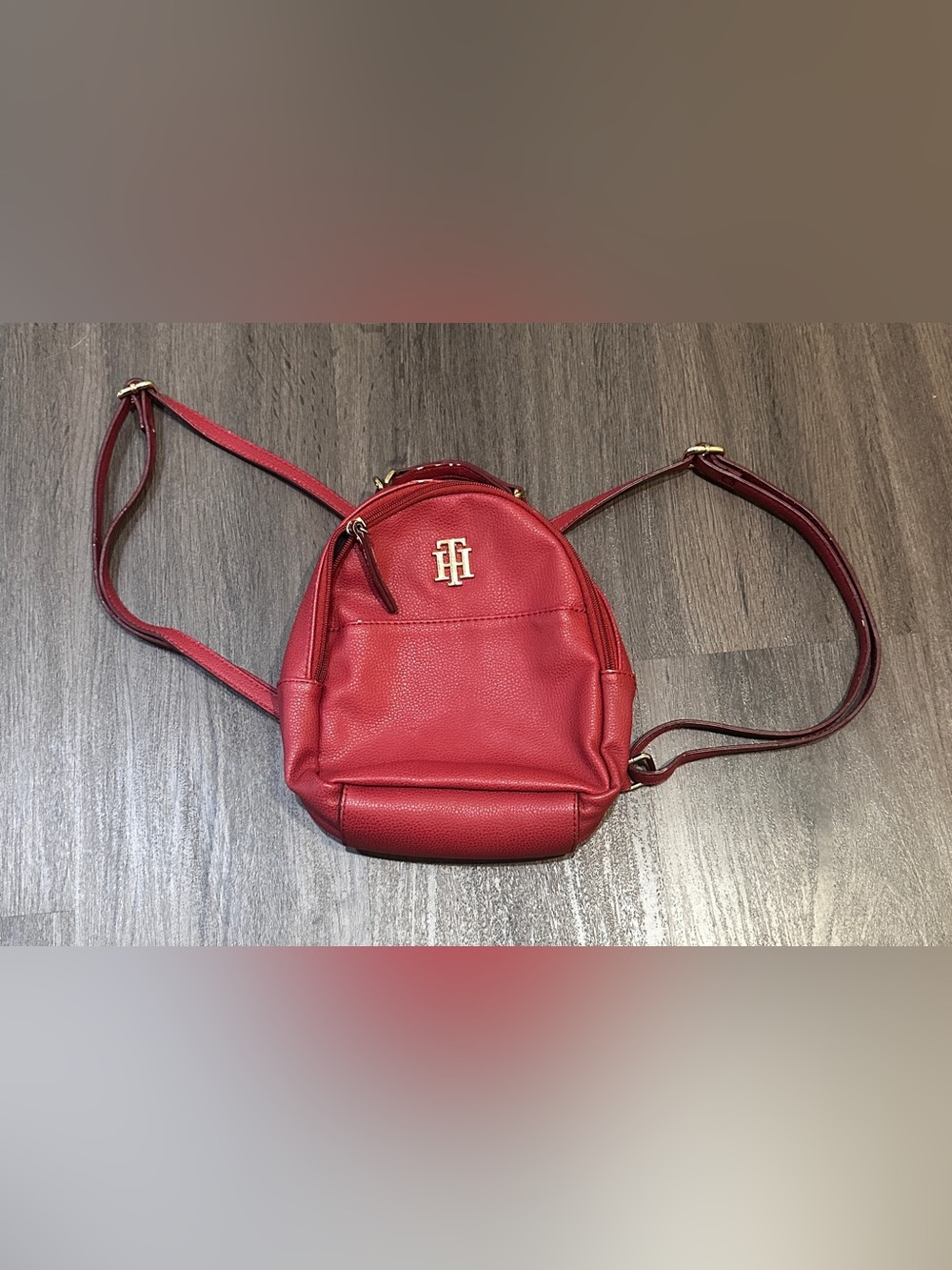 Tommy Hilfiger Red Pebble Leather Mini Backpack with Gold Logo
